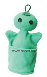 Szelektív baba, zöld - színes üveg - kesztyűbáb felnőtt kézre